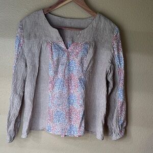 Handmade Floral Patterned Women's Long Sleeve Textured Lagenlook Cotton Top